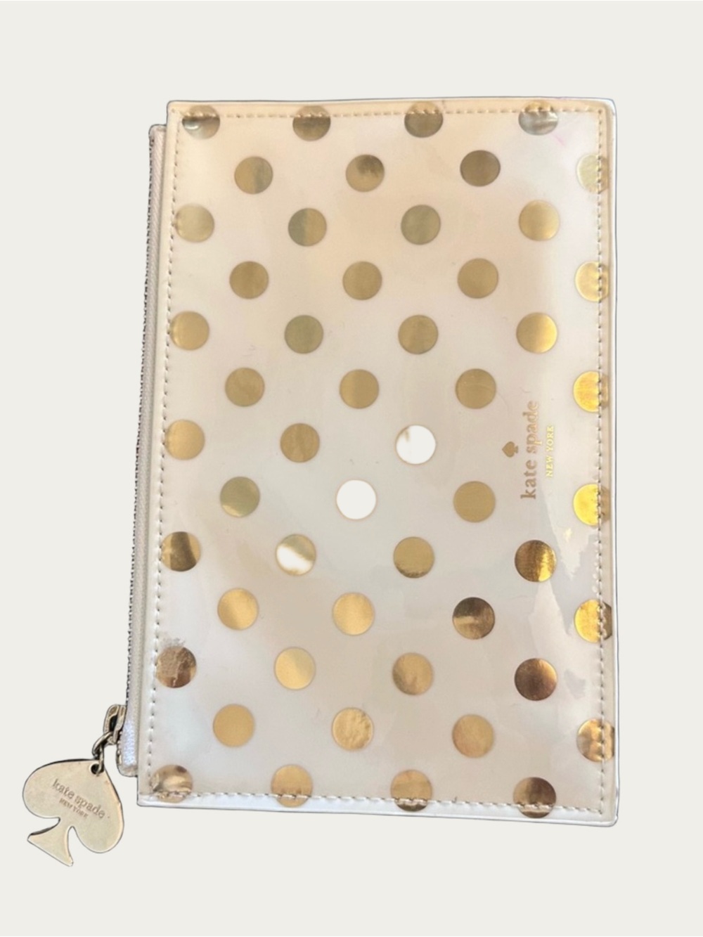 kate spade White Wristlet with Gold Polka Dots
